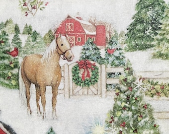 6 Yards Christmas Fabric Winter Barn by Susan Winget, Horses Barns, All Cotton 44 Inches Wide
