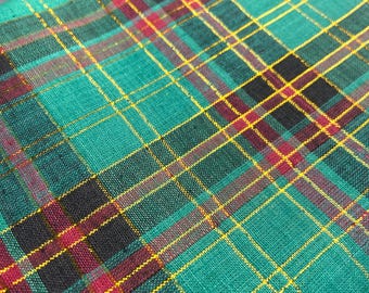 4 yards Christmas plaid Madras cotton, red green black with gold metallic thread, reversible both sides, holiday crafts, one rip as is