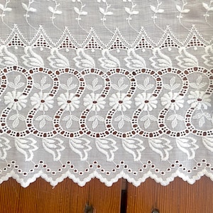 6 yards wide lace white embroidery on white lawn fabric, 12 inches wide, machine stitched, scalloped edge with flowers, heirloom yardage