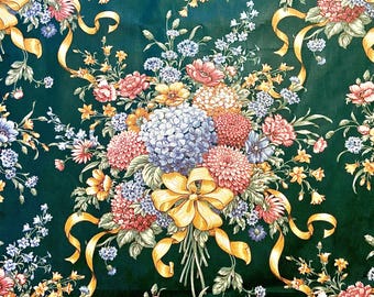4 yards Dark Green Chintz Fabric, English Garden Country House Decor 1988 Polished Cotton