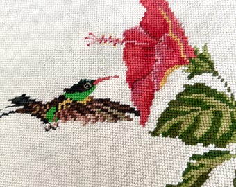 Hummingbird Hibiscus Flower Needlepoint Completed, For Pillow Cover, 14 by 11