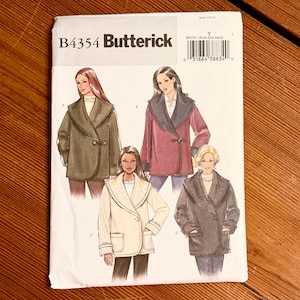 May include: A Butterick B4354 sewing pattern envelope featuring illustrations of four jacket variations. The designs include wide shawl collars, long sleeves, and toggle or button closures. The envelope displays the pattern number and a barcode.