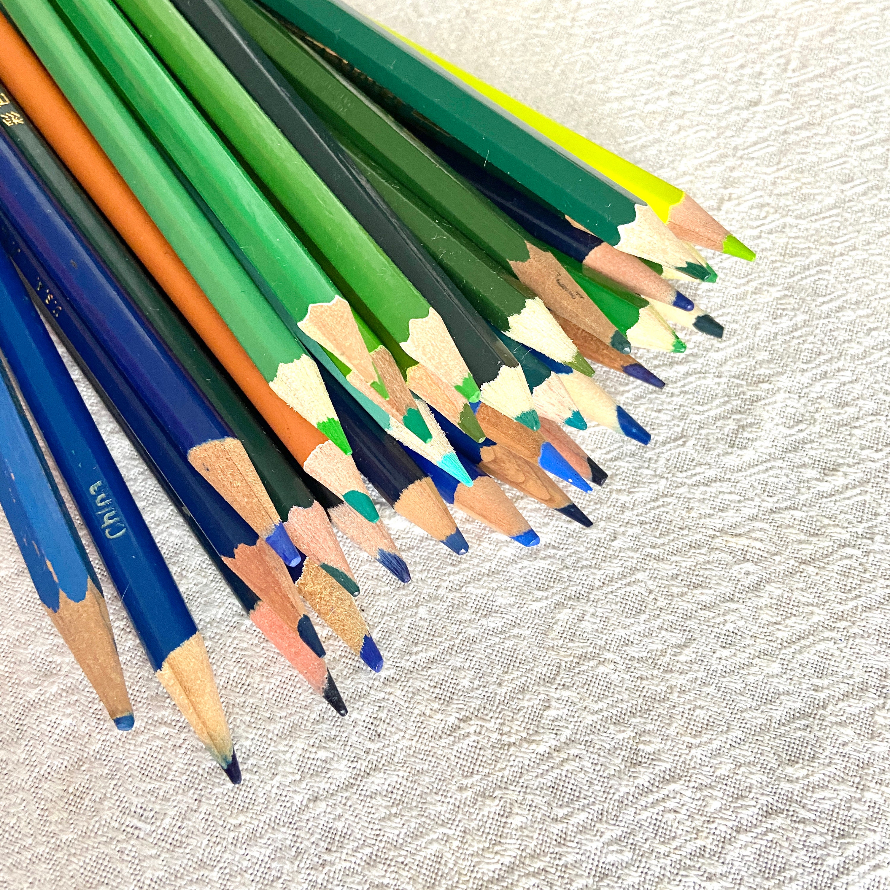 36 Blue and Green Colored Pencils Presharpened, Some Used Unused