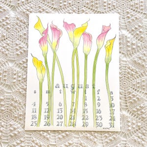 Impression d'art d'affiche du calendrier d'août Ling Chang, 1952, 1957, 1963, 1974, 1991, 2002, 2008, 2013, 2019, cadeau d'anniversaire de lys calla à l'aquarelle
