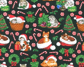3 Yards Christmas Fabric Happy Kittens, All Cotton 44 Inches Wide, Black Background