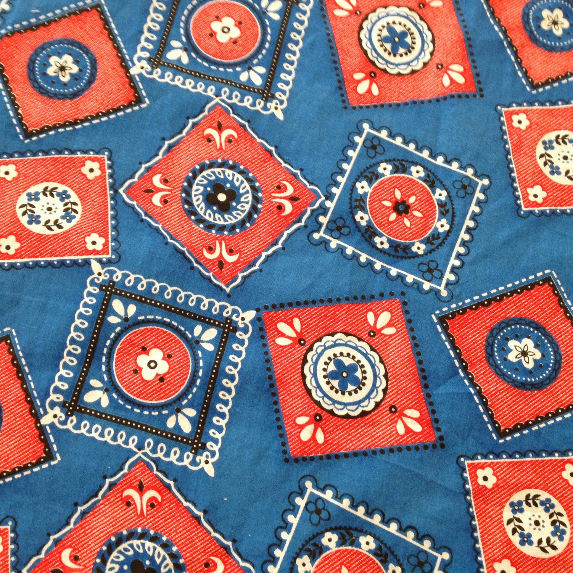 Denim Blue Bandana Fabric Cotton Red Blue Squares and Etsy