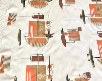 Mid century modern print fabric fiberglass, 2 plus yards, abstract geometric shapes, orange brown, metallic gold accent, previously used