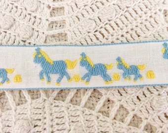 Blue & Yellow Horse Jacquard Trim, Vintage Cotton Ribbon (7/8 Inch)