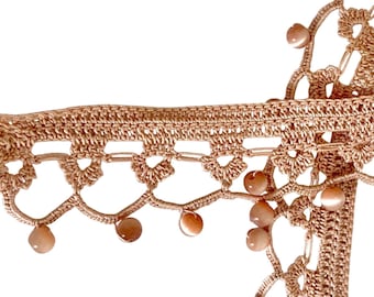 5 Yards Creamy Brown Mocha Crochet Trim with Glass Beads, Boho Embellishment, Neutral Home Decor