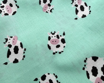 Mint Green Cow Print Fabric, 1.3 Yards, Black and White Spotted Cows, 44 Inches Wide Cotton