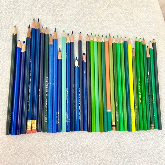 36 Blue and Green Colored Pencils Presharpened, Some Used Unused