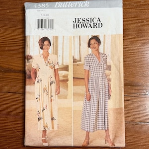 May include: A Butterick 4385 sewing pattern envelope for a Jessica Howard dress in sizes 6-8-10. The front shows two variations: a cream-colored dress with a floral print and a grey and white plaid dress, both featuring short sleeves and buttons.