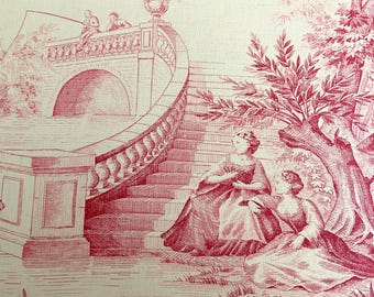 10 Yards Raspberry Red Toile du Jouy Fabric, Pale Yellow Cotton Print, 112 Inches Wide