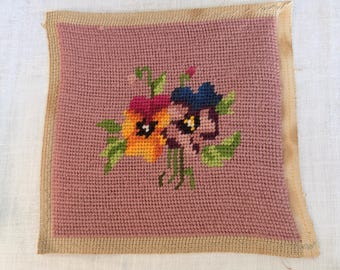 Small Pansies Needlepoint in Mauve, 8 by 8, Make Pillow Cover