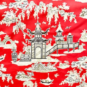 3 yards red chinoiserie fabric Waverly Peaceful Temple in Lacquer, cotton chintz toile, pagodas temples boats blossoms, made in USA