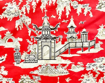 3.9 yards red chinoiserie fabric Waverly Peaceful Temple in Lacquer, cotton chintz toile, pagodas temples boats blossoms, made in USA