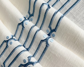 Cowtan and Tout Fabric Vivaldi White Linen 1.33 Yards, Blue Embroidery Vertical Pattern
