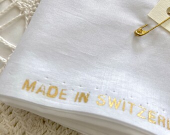 Martha Pullen Swiss batiste fabric remnants, 6 small pieces, white cotton, glossy finish, gold lettering information, made in Switzerland