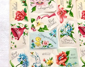 1940s Gummed Paper Stickers, Floral Greetings, Scrapbook Ephemera