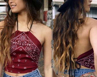 Bohemian Bandana Halter Top Black Navy Purple Burgandy Aqua Floral Blue Floral Cactus sexy backless hippie festival Boho