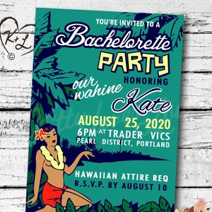 PRINTABLE Bachelorette Hens Party INVITATION Digital PDF Wedding Retro Hawaiian Tiki vintage Birthday invite Luau Hawaii Beachy Cottage diy
