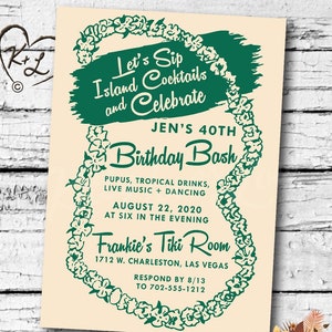 PRINTABLE Birthday Party Invitation Digital PDF Lei Bridal Shower bachelorette hens vintage retro tiki Hawaiian Luau invite Beachy Cottage z image 1