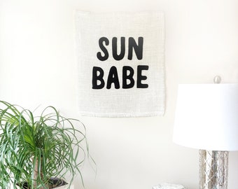 SUN BABE 18x20 white burlap wall art typography lettering flag sun surfer shack home decor hippie beach cottage boho chic rustic natural