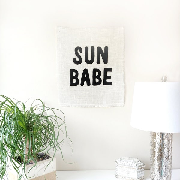 SUN BABE 18x20 white burlap wall art typography lettering flag sun surfer shack home decor hippie beach cottage boho chic rustic natural