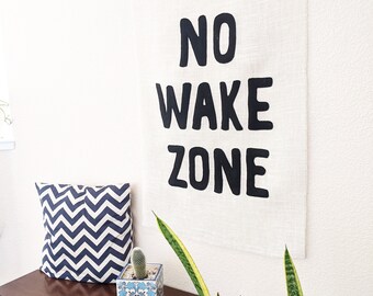 NO WAKE ZONE Wall Mural banner Lake house Cottage chic burlap home decor art black felt canvas typography tapestry