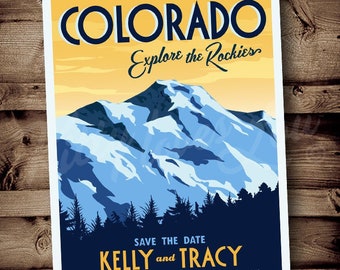 PRINTABLE Save The Date Mountain Wedding Announcement Rockies Colorado Destination Mountain Retro invite invitation vintage travel poster