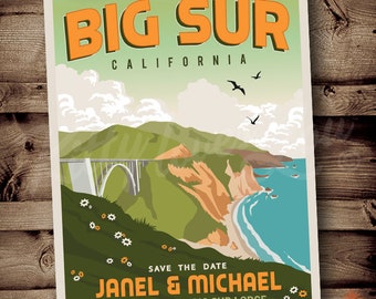 PRINTABLE Save The Date Big Sur Wedding Announcement Destination Forest Ocean Retro invite invitation vintage travel poster California coast