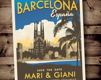 PRINTABLE Save The Date BARCELONA SPAIN Sagrada Familia Announcement digital Destination Retro urban invite invitation vintage travel poster