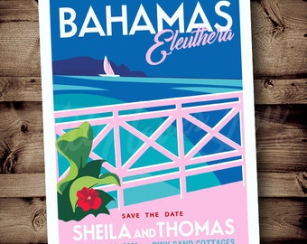 PRINTABLE Save The Date Bahamas Caribbean Wedding digital PDF Destination Retro tropical invite invitation vintage travel poster Beach pink