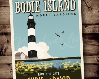 PRINTABLE Save The Date Bodie Island Wedding Announcement Digital PDF Destination Bodie Lighthouse Retro invitation vintage travel poster