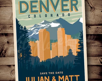 PRINTABLE Save The Date Denver Wedding Announcement City Colorado Mile High Destination Forest Retro invite invitation vintage travel poster