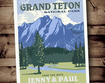 PRINTABLE Save The Date Grand Teton National Park Wyoming Wedding Announcement Destination vintage travel poster save the date Grand Tetons