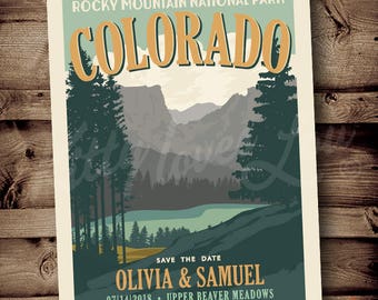 PRINTABLE Save The Date Mountain Wedding Announcement Rockies Colorado Destination Mountain Retro invite invitation vintage travel poster