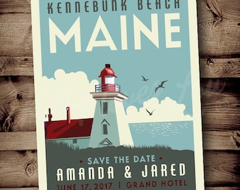 PRINTABLE Save The Date MAINE Wedding Announcement Digital PDF Destination Lighthouse Retro art deco invite invitation vintage travel poster