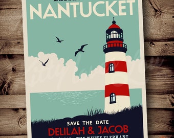 PRINTABLE Save The Date Nantucket Wedding Announcement Digital PDF Destination Lighthouse Retro deco invite invitation vintage travel poster