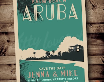 PRINTABLE Save The Date Aruba Mexico Caribbean Wedding digital PDF Destination Retro tropical invite invitation vintage travel poster Beach