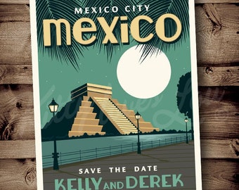 PRINTABLE Save The Date MEXICO CITY Announcement digital Destination Retro urban invite invitation vintage travel poster city Aztec pyramid