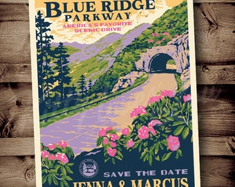 PRINTABLE Save The Date Blue Ridge Parkway National Park Wedding Announcement Destination Retro invitation vintage travel poster Digital