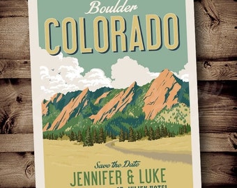 PRINTABLE Save The Date Boulder Colorado Mountain Flat Irons Wedding Announcement Destination Forest Retro invite invitation travel poster