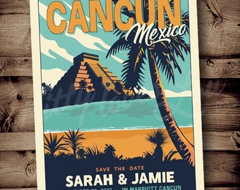 PRINTABLE Save The Date Cancun MEXICO beach wedding Announcement digital Destination Retro invitation vintage travel poster