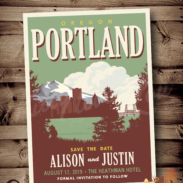 PRINTABLE Save The Date Portland Oregon Wedding Announcement PDX PNW North Destination Forest Retro invite invitation vintage travel poster