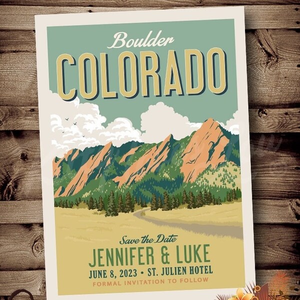 PRINTABLE Save The Date Boulder Colorado Mountain Flat Irons Wedding Announcement Destination Forest Retro invite invitation travel poster