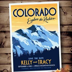 PRINTABLE Save The Date Mountain Wedding Announcement Rockies Colorado Destination Mountain Retro invite invitation vintage travel poster