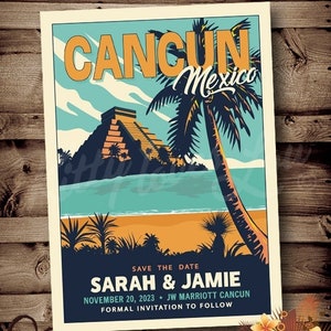 PRINTABLE Save The Date Cancun MEXICO beach wedding Announcement digital Destination Retro invitation vintage travel poster