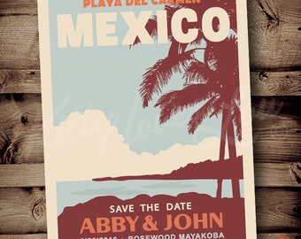 Annonce imprimable Save The Date MEXICO Destination numérique Retro Playa Del Carmen inviter invitation affiche de voyage vintage plage Hawaï