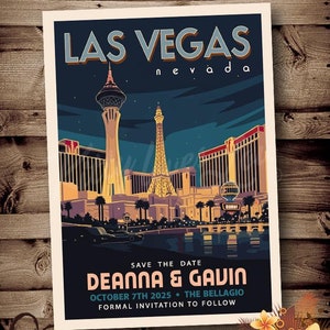 Peut inclure: Une carte de sauvegarde de la date avec un design de carte postale vintage de Las Vegas. La carte pr&eacute;sente une vue nocturne de la ville de Las Vegas avec la tour Eiffel et l'h&ocirc;tel Bellagio. Le texte sur la carte indique "Save the Date, Deanna & Gavin, October 7th 2025, The Bellagio, Formal Invitation to Follow."